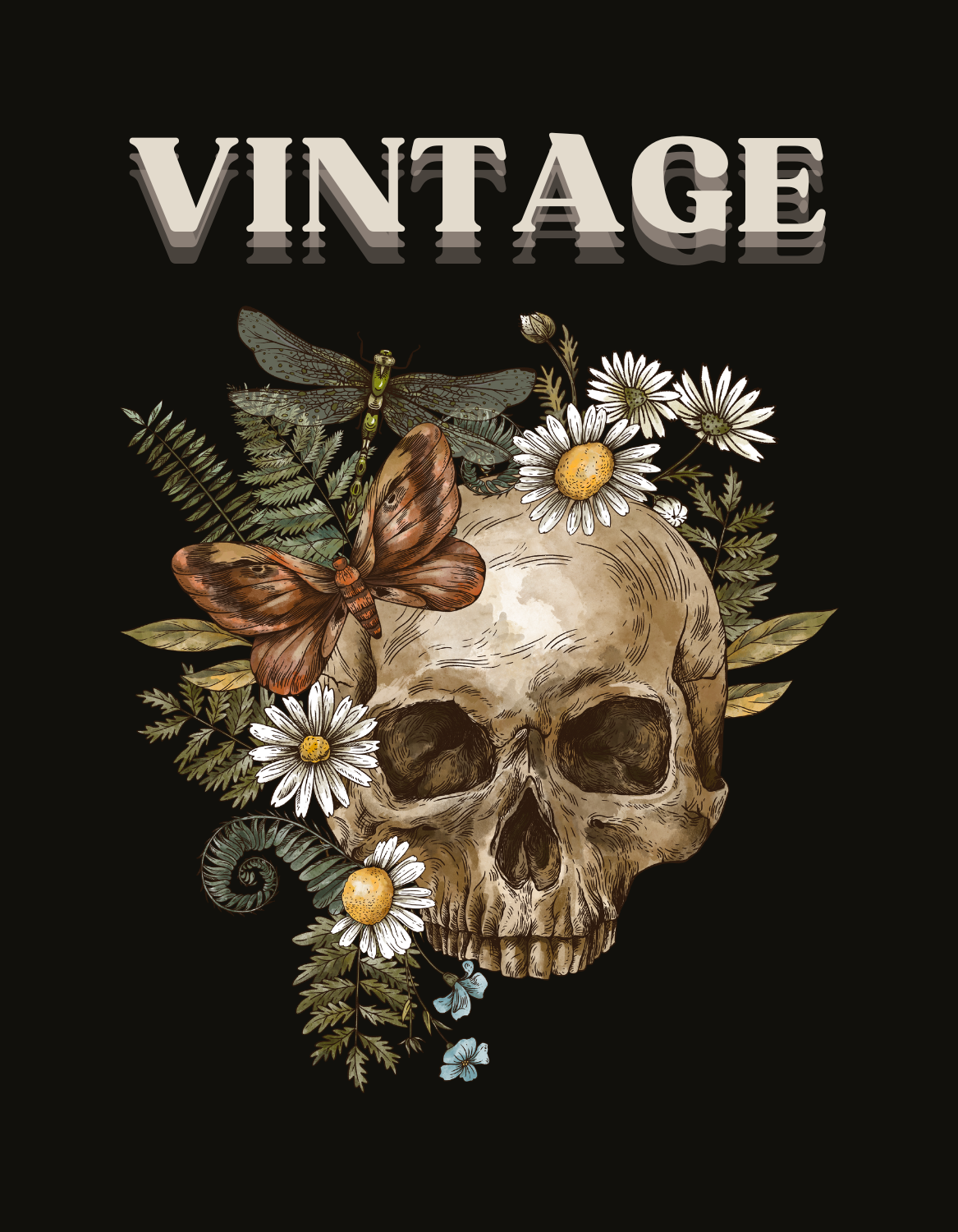 Vintage Skull Bloom๐ โ Edgy Floral Skull Graphic Black T-Shirt for Men