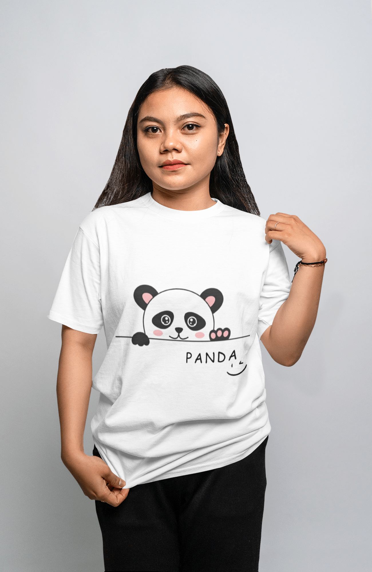 Peekaboo Panda – Cute Graphic White T-Shirt for Women