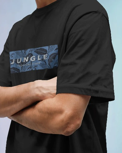 🖤 JUNGLE VIBES Oversized Black T-Shirt – Tropical Leaf Graphic Print